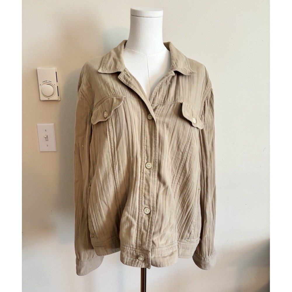J Jill Womens XL Cotton Gauze Shirt Jacket Pockets Coastal Beach Summer Brown